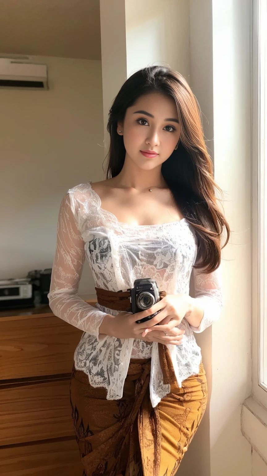 A girl holding a camera, mix4,(8k, RAW photo, best quality, masterpiece:1.2), (realistic, photo-realistic:1.37),1girl,cute,cityscape, night, rain, wet, professional lighting, photon mapping, radiosity, Physically-based rendering, gradient brunette hair, short curly hair, handsome, girly, white ball set, superb picture quality, high resolution, 1080p, (clear face), (detailed face description), (detailed hand description), (masterpiece), (exquisite CG), extreme light and shadow, messy hair, masterpiece, rich detail, (exquisite facial features), (highest image quality), (masterpiece), (detailed eyes), look forward to your eyes, delicate collarbone, kebaya_bali