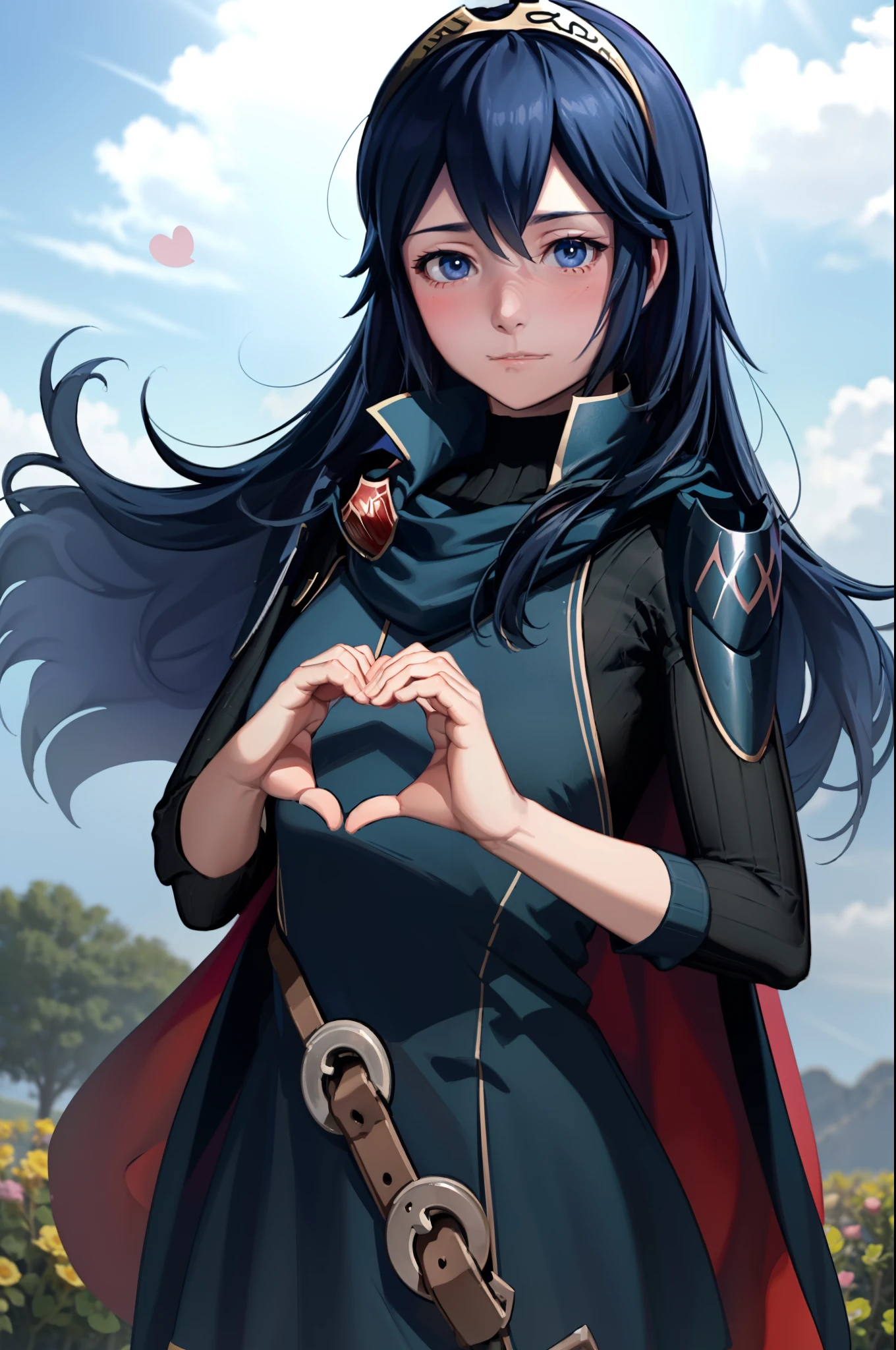 masterpiece, best quality, lucina, tiara, cape, armor, shoulder armor, long sleeves, upper body, blushing, looking at viewer,  field, sky, pink glow, flowers, floating hearts, heart hands, own hands together