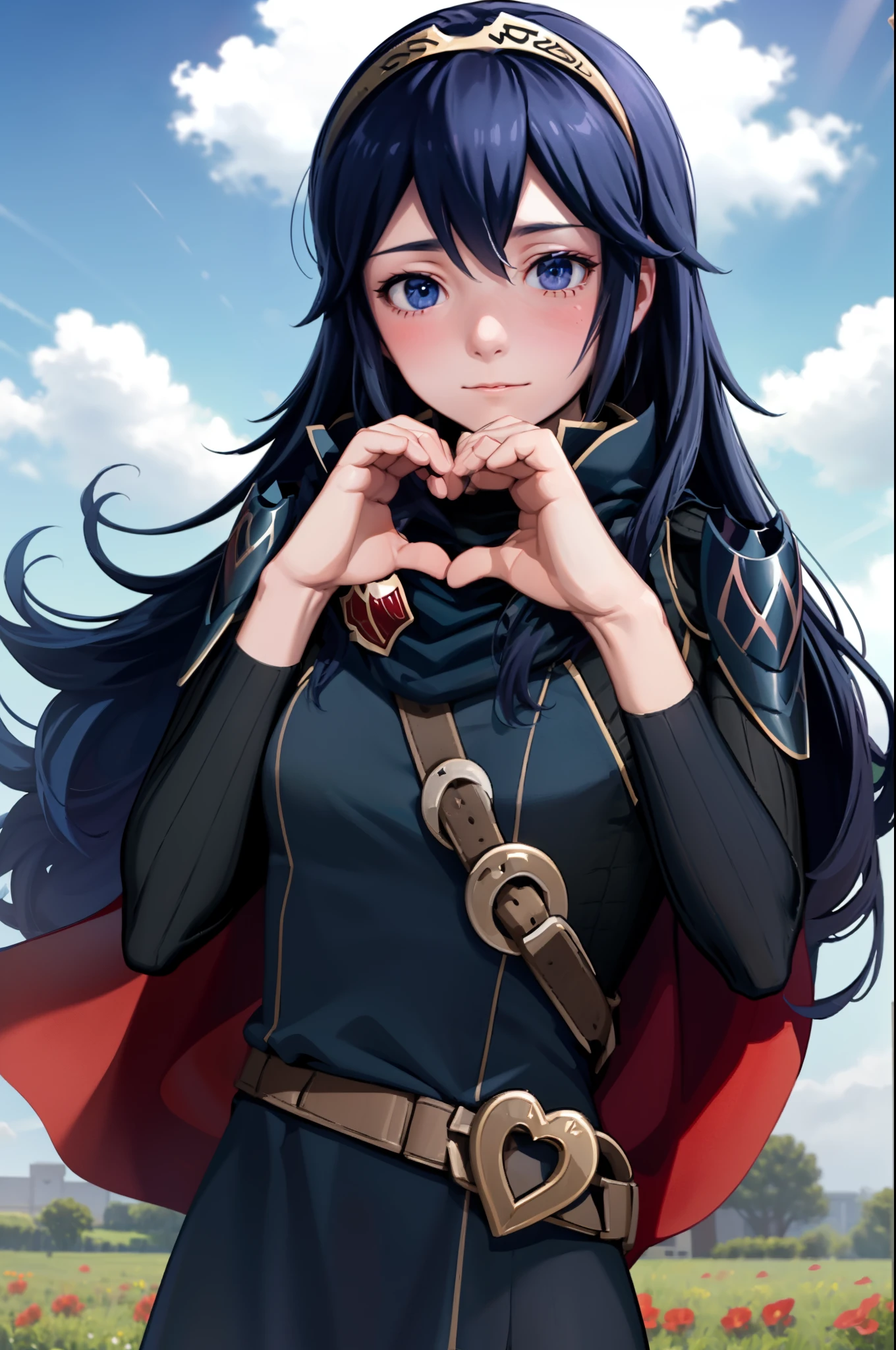 masterpiece, best quality, lucina, tiara, cape, armor, shoulder armor, long sleeves, upper body, blushing, looking at viewer,  field, sky, pink glow, flowers, floating hearts, heart hands, own hands together