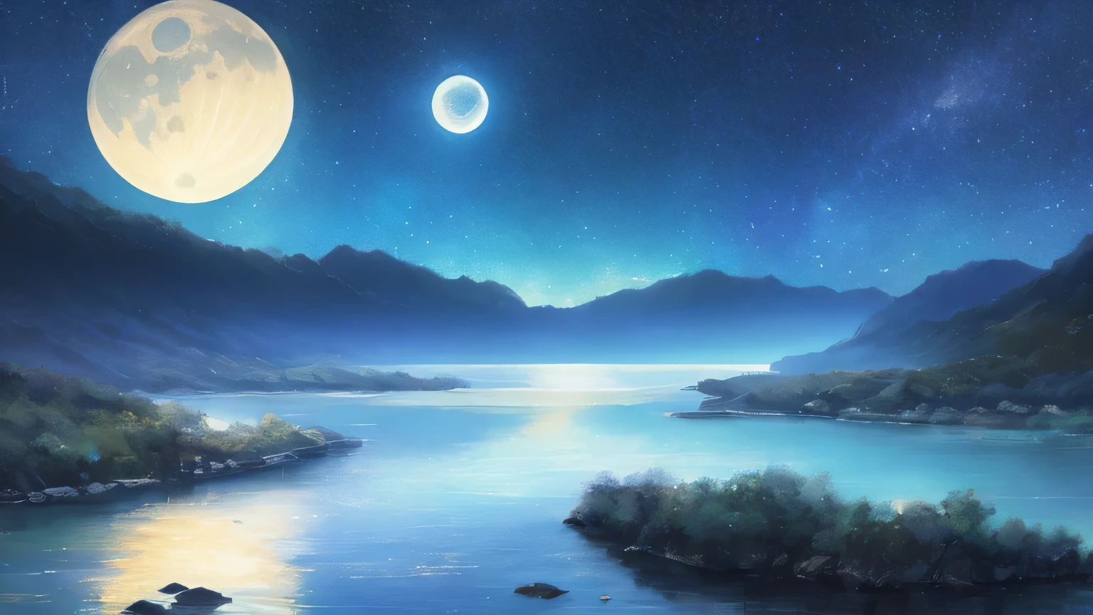 A painting of a river with stars and moon in the sky, concept art inspired by Tosa Mitsuoki, pixiv contest winner, best quality, fantasy art, beautiful anime scene, a bright moon, moonlit starry environment, dream painting, Anime Background Art, Fantasy Landscape Art, Fantasy Night, Anime Background, Background Artwork, Fantastic Art, Atmospheric Anime, Starry Sky, Detail Enhanced.