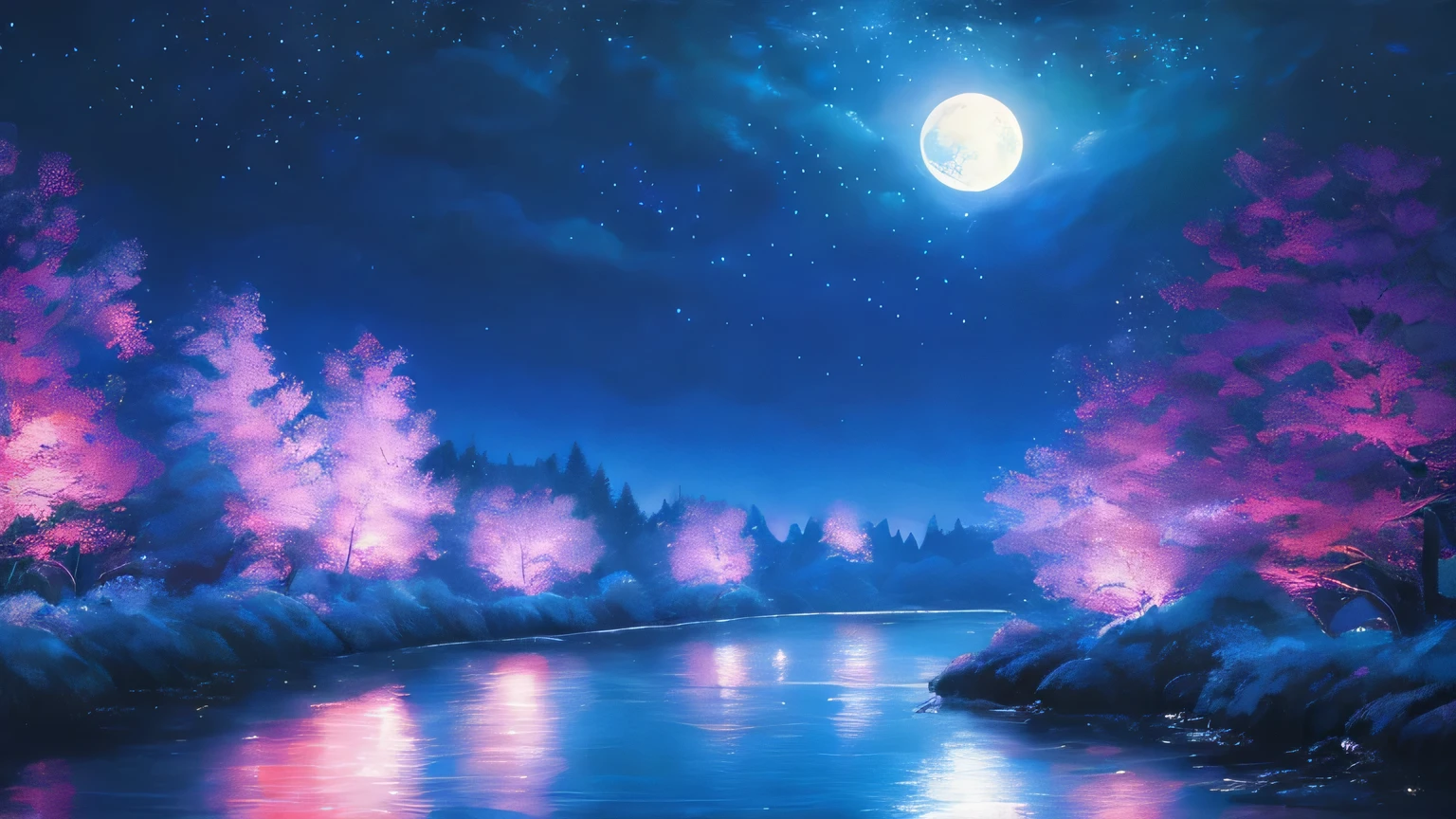 A painting of a river with stars and moon in the sky, concept art inspired by Tosa Mitsuoki, pixiv contest winner, best quality, fantasy art, beautiful anime scene, a bright moon, moonlit starry environment, dream painting, Anime Background Art, Fantasy Landscape Art, Fantasy Night, Anime Background, Background Artwork, Fantastic Art, Atmospheric Anime, Starry Sky, Detail Enhanced.