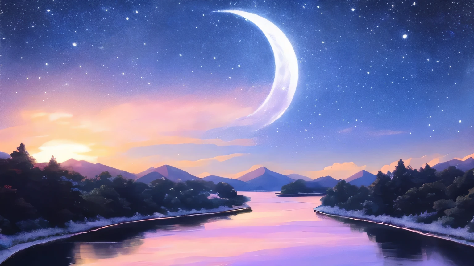 A painting of a river with stars and moon in the sky, concept art inspired by Tosa Mitsuoki, pixiv contest winner, best quality, fantasy art, beautiful anime scene, a bright moon, moonlit starry environment, dream painting, Anime Background Art, Fantasy Landscape Art, Fantasy Night, Anime Background, Background Artwork, Fantastic Art, Atmospheric Anime, Starry Sky, Detail Enhanced.