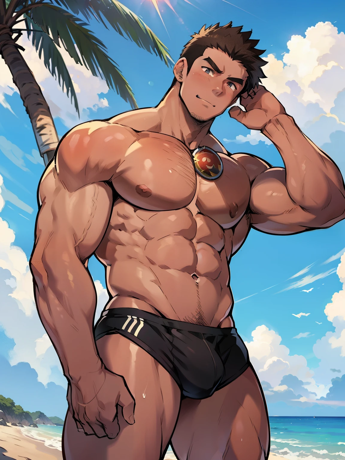 ((Anime style art)), Extremely muscular male character, bodybuilder body, Shirtless, Topless, (((SHIRTLESS))) Hands raised at neck level, (((Hands raised at neck level))), wears a small string thong that reveals huge, muscular thighs, bulge in the crotch, Beach, sun, clouds, Main character of the anime, Nice image, Hard drive, 4k.