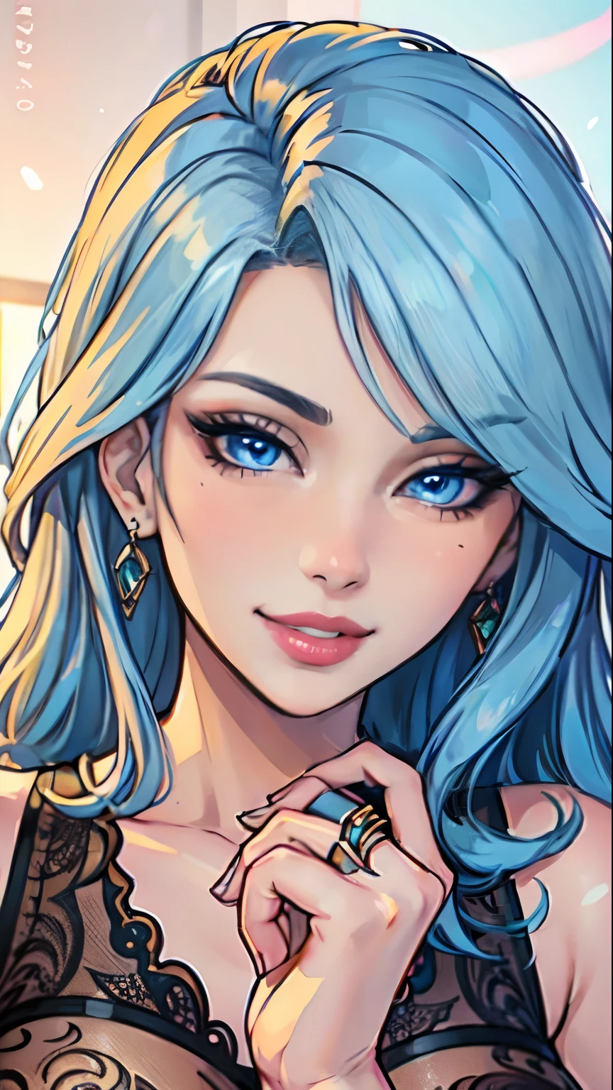 Masterpiece, raw, beautiful art, professional artist, 8k, art style by sciamano240, very detailed face, very detailed hair, 1 mature woman, perfectly drawn body, beautiful face, long hair, light blue hair , very detailed blue eyes, pouty lips , rosey cheeks, intricate details in eyes, playful smile, looking directly at viewer , in love with viewer expression, wedding ring , lipstick, very close up on face, studio setting,