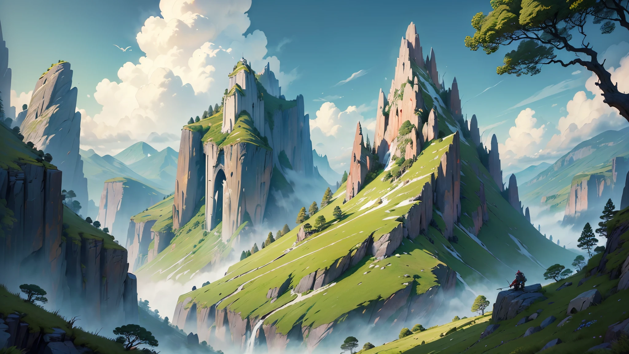 (masterpiece:1.4), extreamly detailed, perfect quality, heroic fantasy, dungeons and dragons setting, landscape, one tall mountain at the background, mountainscape, red dragon flying at the background, sunny day, a little cloudy, green hill,green trees around, peaceful atmosphere, inspiring atmospehere