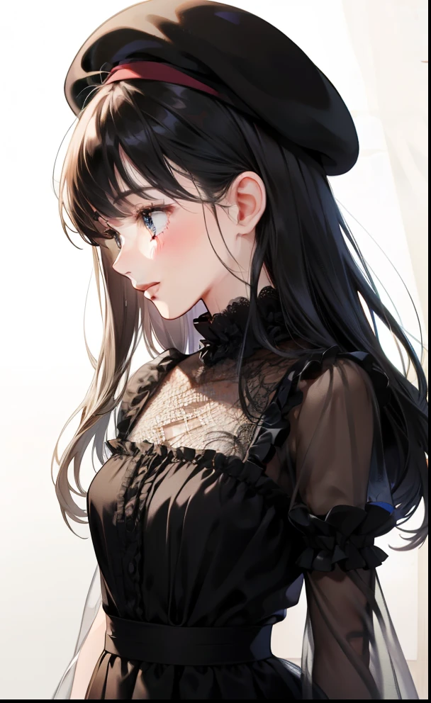 girl、white background、no background、black hair、long hair、long hair、Contrasting bangs、black dress、Black see-through clothes、frills、beret、profile、looking sideways、blush、smile、cute、no background