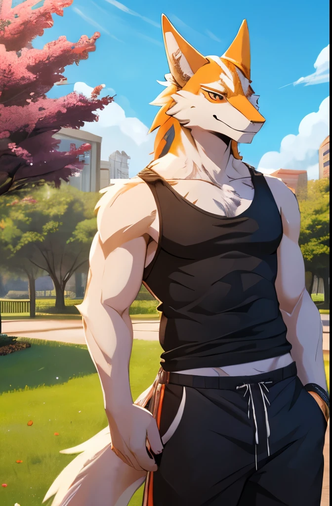 furry, solo, best quality, masterpiece, HDR, male sergal, in a park, teen, wearing tank top and sweatpants, happy, orange eyes
