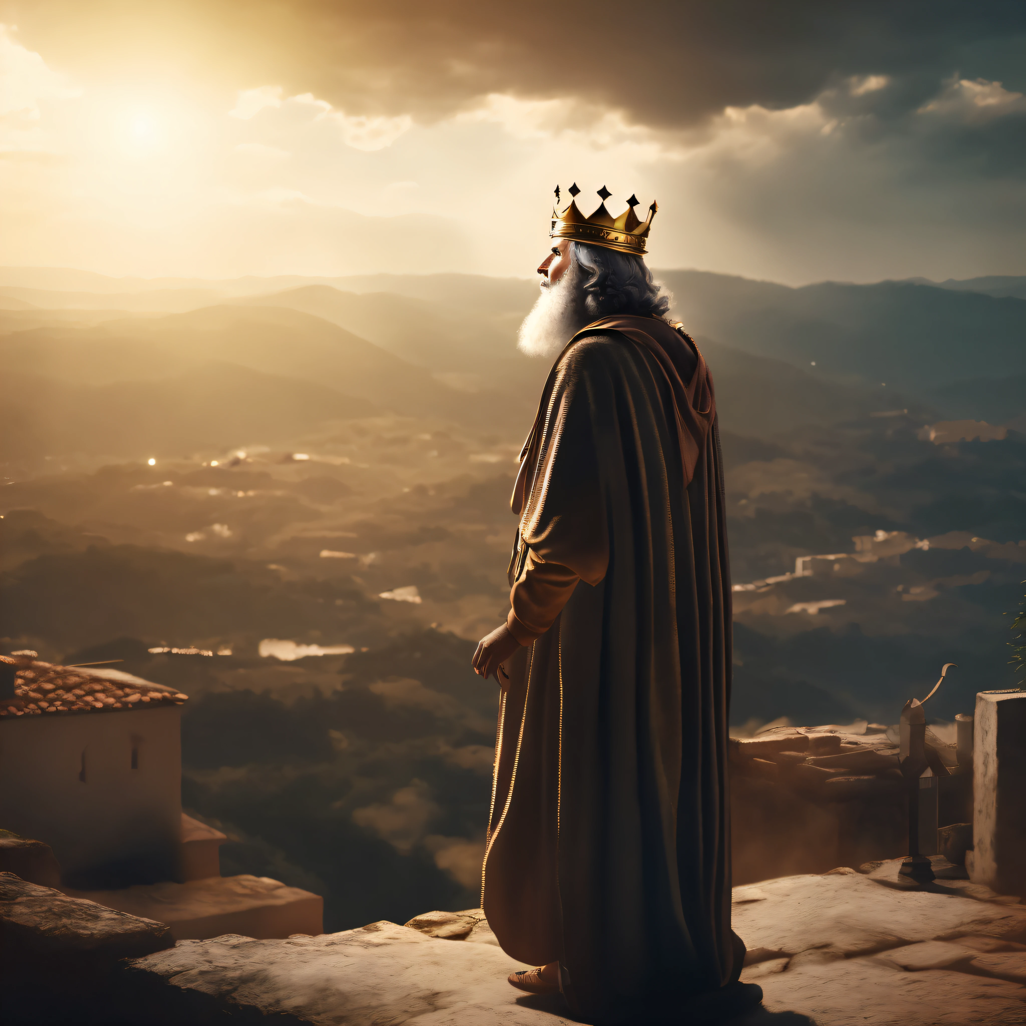 Image of a man dressed in a crown and a robe standing on a ledge, Velho Rei Medieval, Retrato de um velho rei medieval, Retrato do velho rei medieval, usando uma coroa e capa, homem com coroa, Rei dos Reis, the wise man is riding on top, granting him a noble title, Retrato de um Rei, celebrando um rei sendo coroado