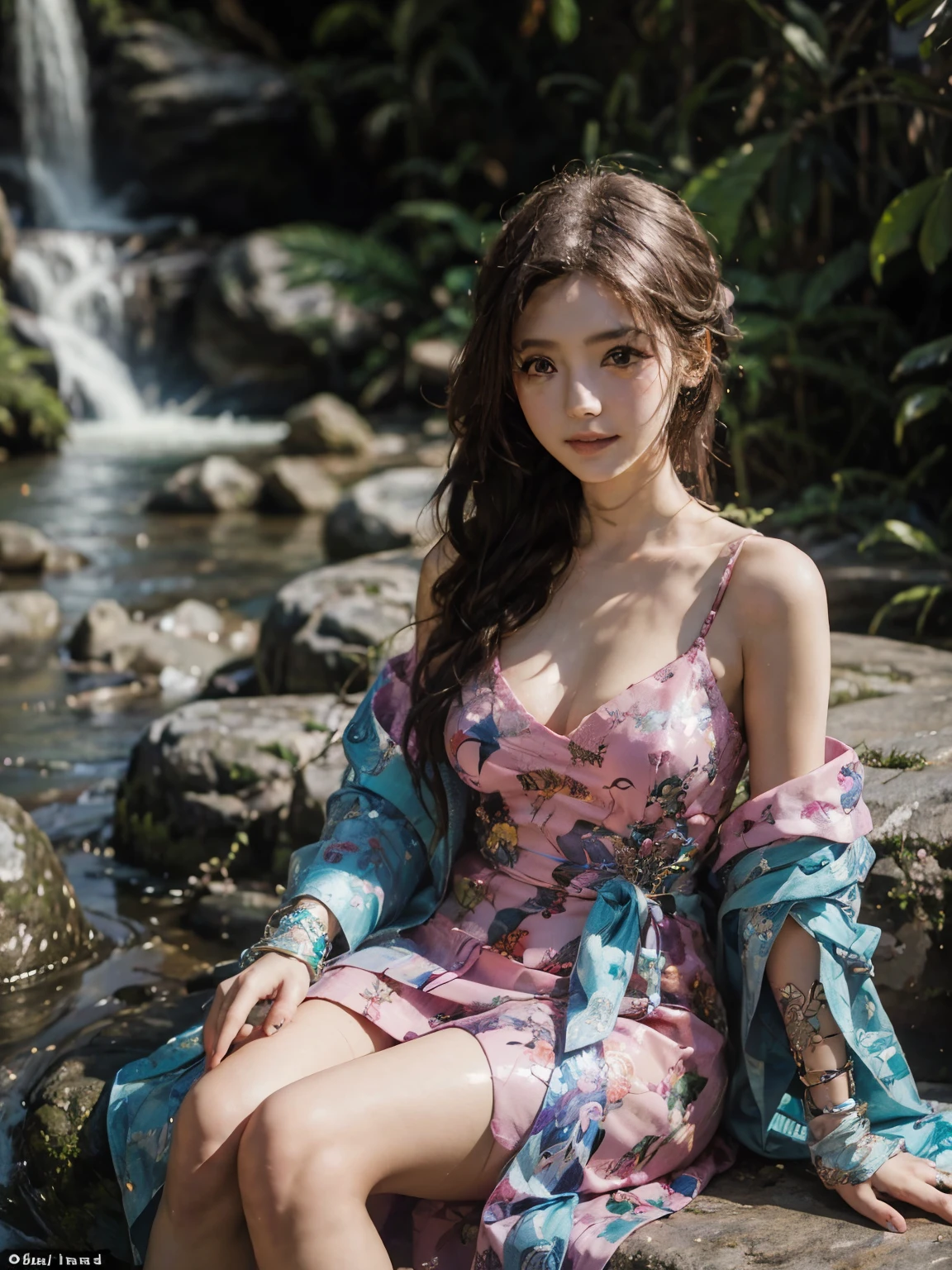 a woman in a pink dress sitting in a river next to a waterfall, traditional beauty, beautiful digital artwork, beautiful fantasy art, beautiful fantasy maiden, beautiful maiden, beautiful digital art, beautiful fantasy art portrait, beautiful gorgeous digital art, inspired by Rudy Siswanto, asian female water elemental, a beautiful fantasy empress, very beautiful digital art, beautiful avatar pictures