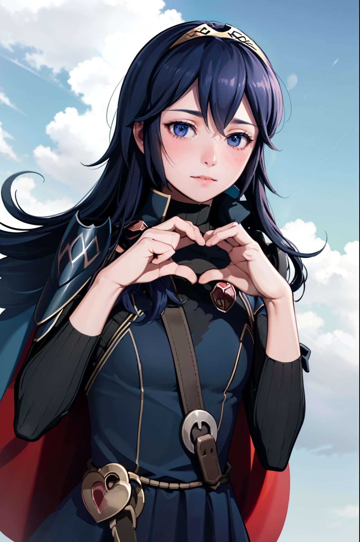 masterpiece, best quality, lucina, tiara, cape, armor, shoulder armor, long sleeves, upper body, blushing, looking at viewer,  field, sky, pink glow, flowers, floating hearts, heart hands, own hands together