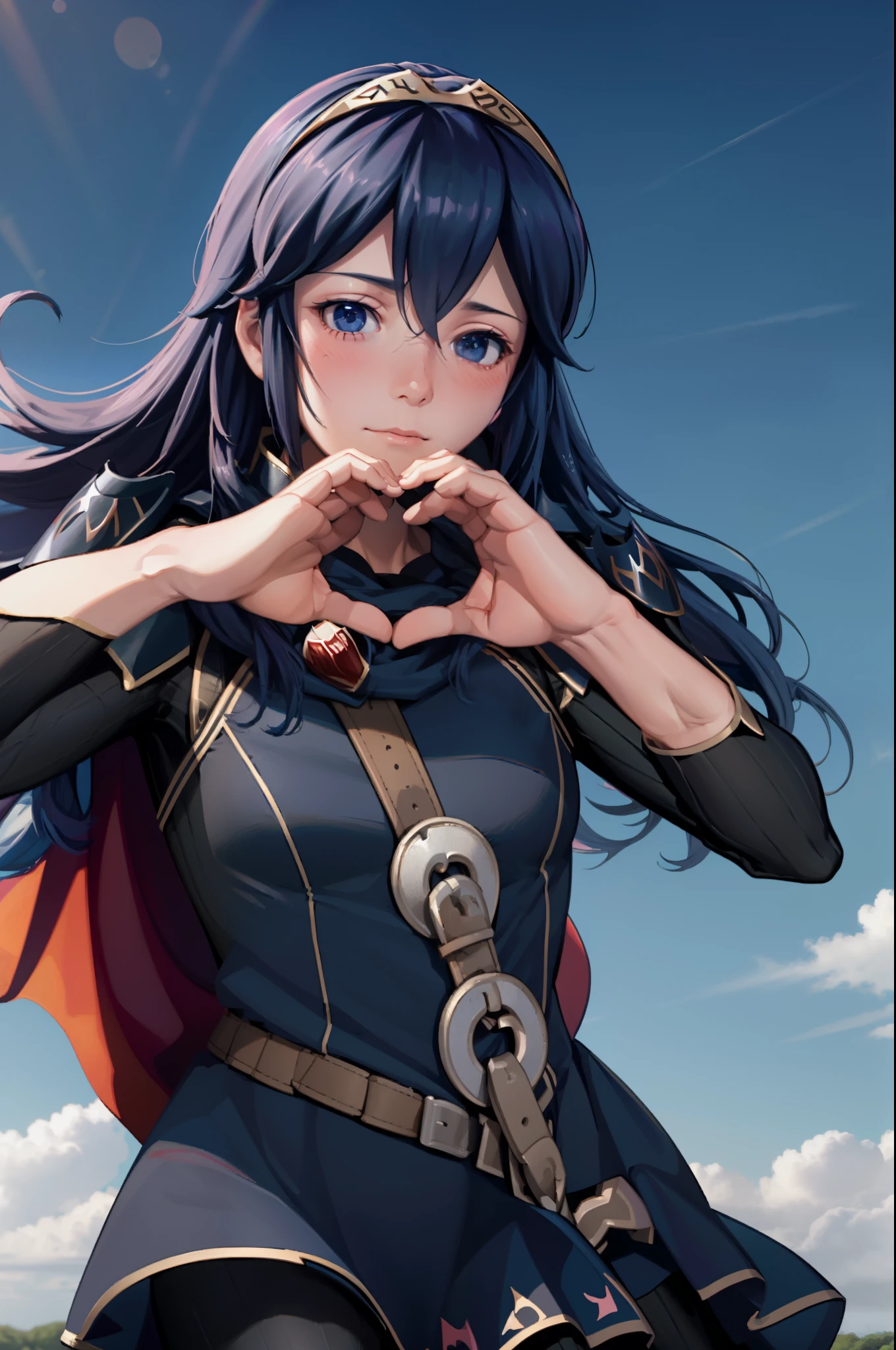 masterpiece, best quality, lucina, tiara, cape, armor, shoulder armor, long sleeves, upper body, blushing, looking at viewer,  field, sky, pink glow, flowers, floating hearts, heart hands, own hands together