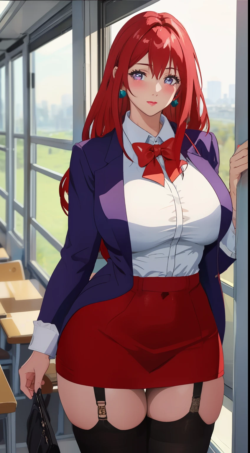 (Masterpiece, Best Quality, High Quality:1.4), professional artwork, Intricate Details, field of view, sharp focus, detailed painting, cinematic lighting, trending on pixiv, (vivid lighting, vibrant colors, by by Nagasawa Rosetsu:1.05),
Hiroko Takashiro, (mature female, milf:1.2), (40yo:1.1), (curvy:1.15), hands on waist, classroom, window, (cowboy shot:1.1), closeup, looking at viewer,
(red hair:1.05), long hair, lipstick, makeup, ultra detail hair, ultra detail face, (purple eyes:1.05), perfect eyes, perfect face, earrings, (flirting, blush:1.2),
(white shirt, purple jacket:1.1), (black thighhighs, garter belt:1.1), (zettai ryouiki:0.8), pencil skirt, school uniform,
(Large Breasts:1.05), (Cleavage:0.9), big ass, thighs,