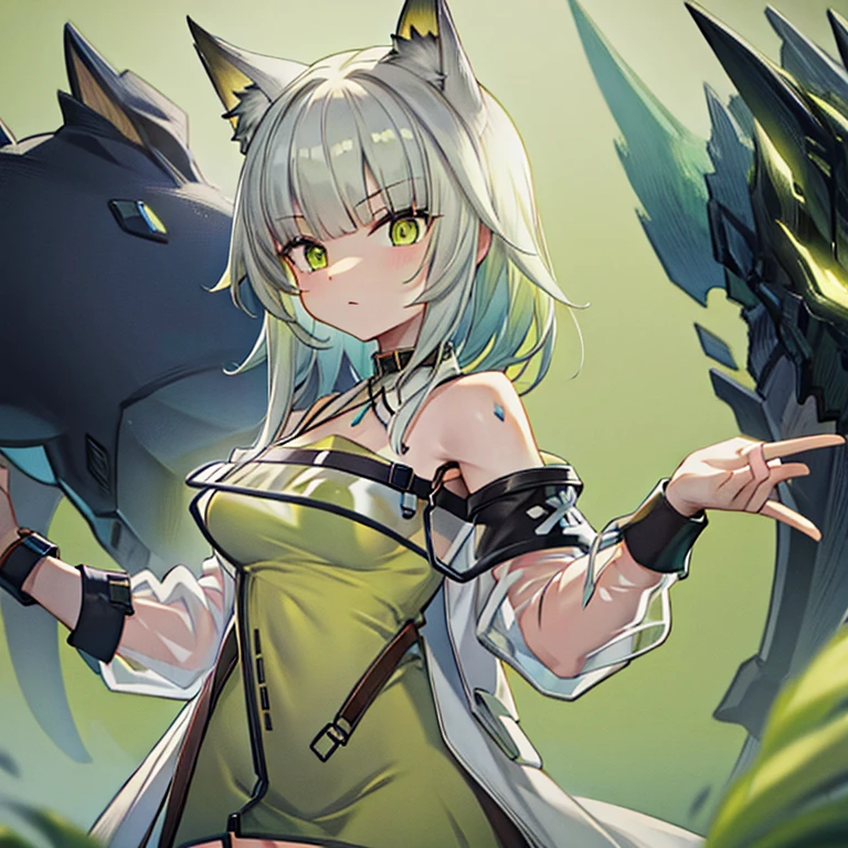 high quality,arknights,Kelsey,Kelsey（arknights）,light yellow-green hair color,light yellow-green cat ears,Clear look,Transparent eyes,Yellow-green eyes,short hairstyle,yellow green off shoulder,Expressionless