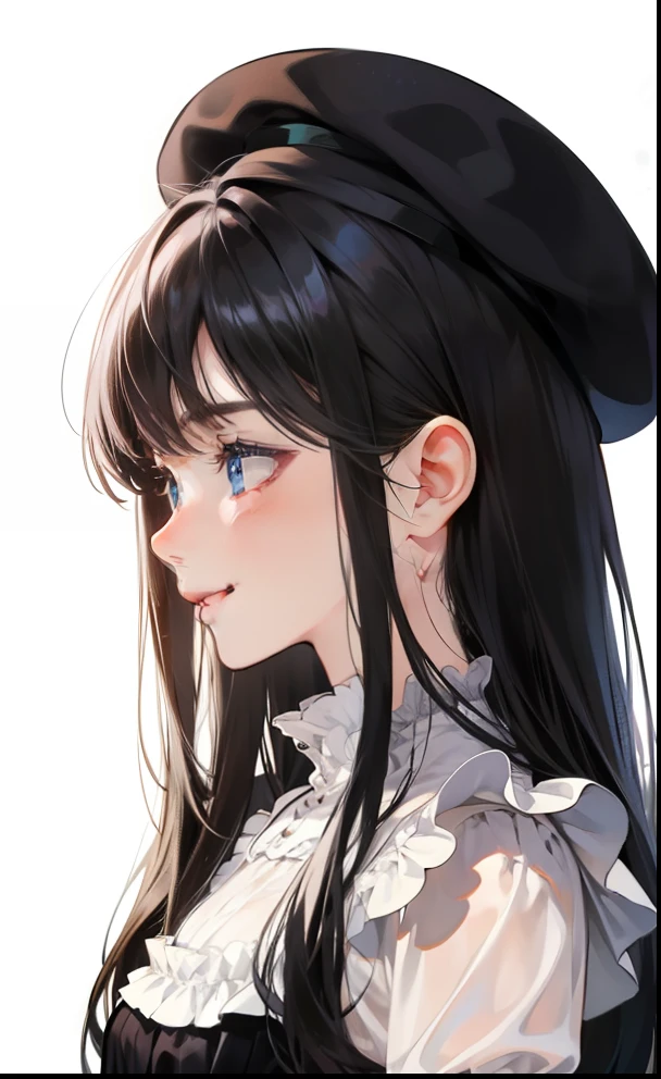 Anime girl with long black hair wearing a hat and white blouse - SeaArt AI