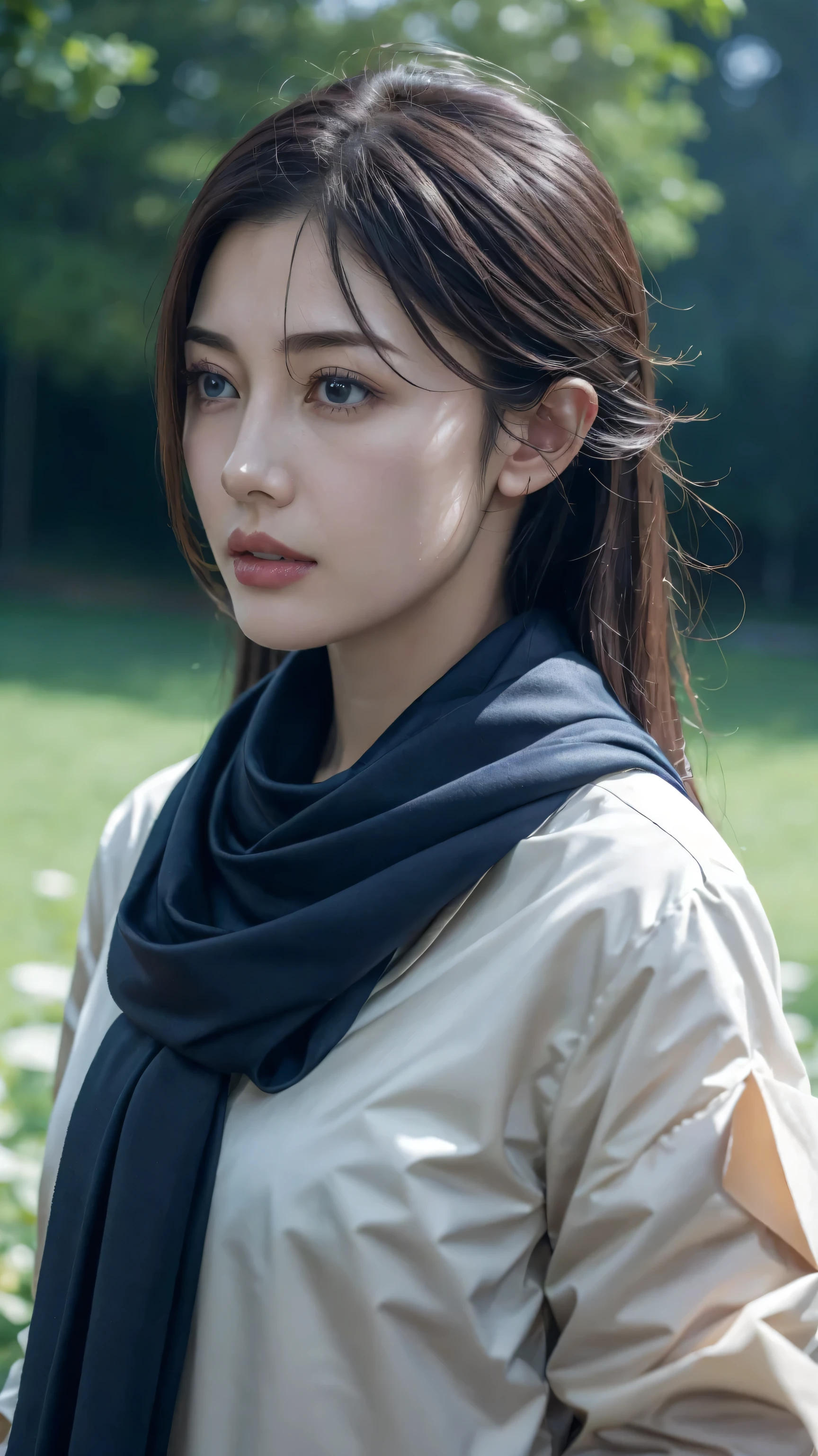 8k, best quality, masterpiece, actual, super detailed, photo actual, Quality improvement, Photo of a girl wearing a scarf standing in a field, ((脸部close up)),Dark brooding designer style, many qualities, Photo display, calm face, jagged edges, navy, natural beauty, close up