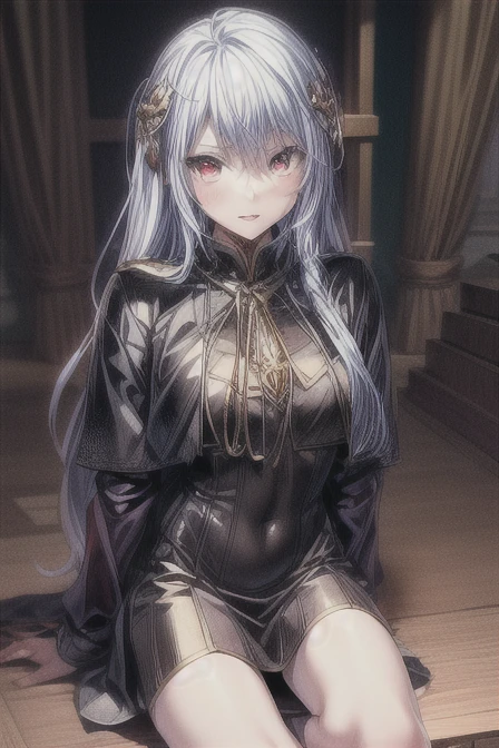 Fine illustration, ultra detailed, highres, from front, , 16years_old girl, elegant pose, black_dress, bodysuit, silver long hair, extream beautiful and delicate girl, scenary world, detailed bodysuit with glittery decoration of dress, detailed embroidery, extremely layered frills, detailed texture, detailed pattern, room background,