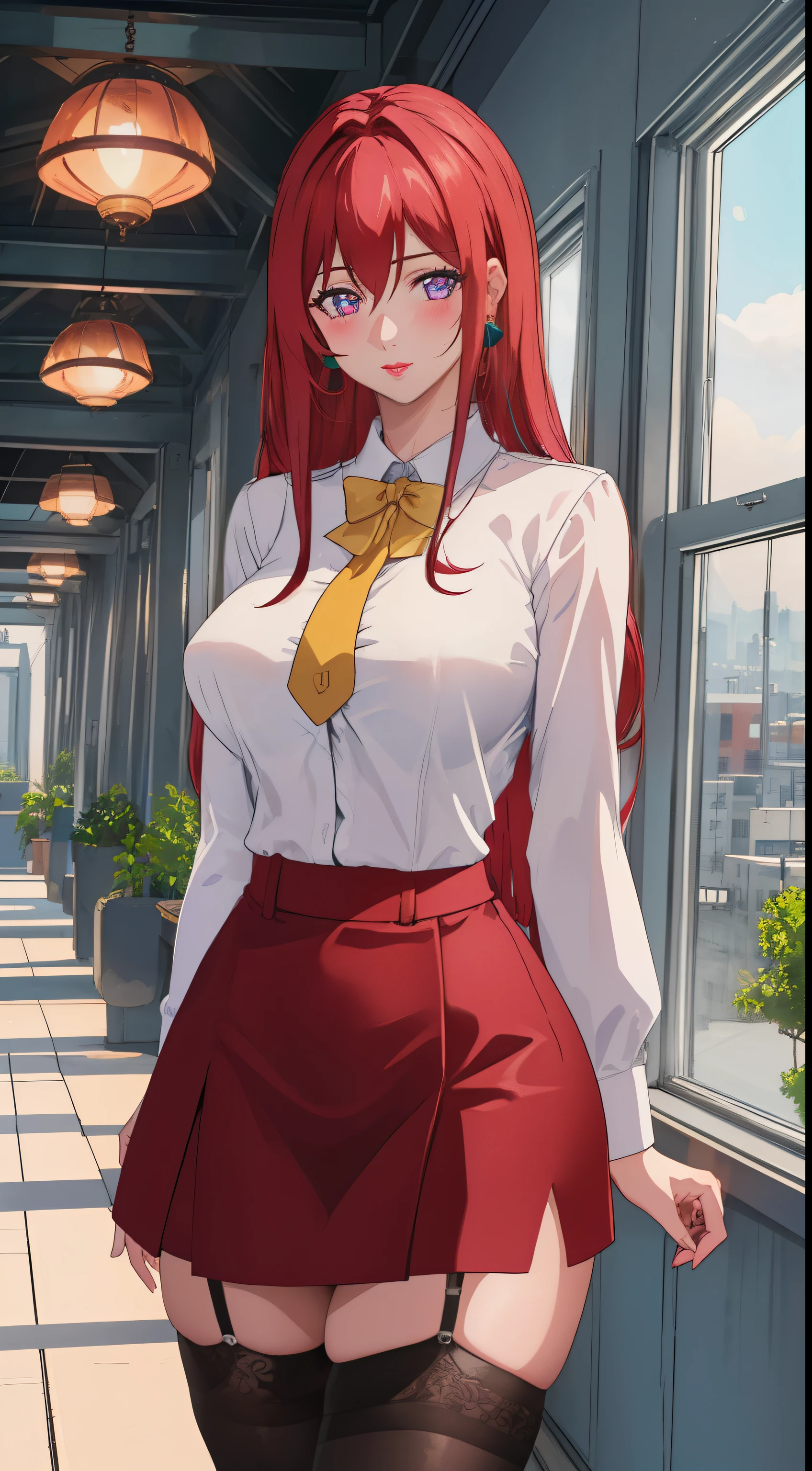 (Masterpiece, Best Quality, High Quality:1.4), professional artwork, Intricate Details, field of view, sharp focus, detailed painting, cinematic lighting, trending on pixiv, (vivid lighting, vibrant colors, by by Nagasawa Rosetsu:1.05),
Hiroko Takashiro, (mature female, milf:1.2), (40yo:1.1), (curvy:1.15), hands on waist, classroom, window, (cowboy shot:1.1), closeup, looking at viewer,
(red hair:1.05), long hair, lipstick, makeup, ultra detail hair, ultra detail face, (purple eyes:1.05), perfect eyes, perfect face, earrings, (flirting, blush:1.2),
(white shirt, purple jacket:1.1), (black thighhighs, garter belt:1.1), (zettai ryouiki:0.8), pencil skirt, school uniform,
(Large Breasts:1.05), (Cleavage:0.9), big ass, thighs,