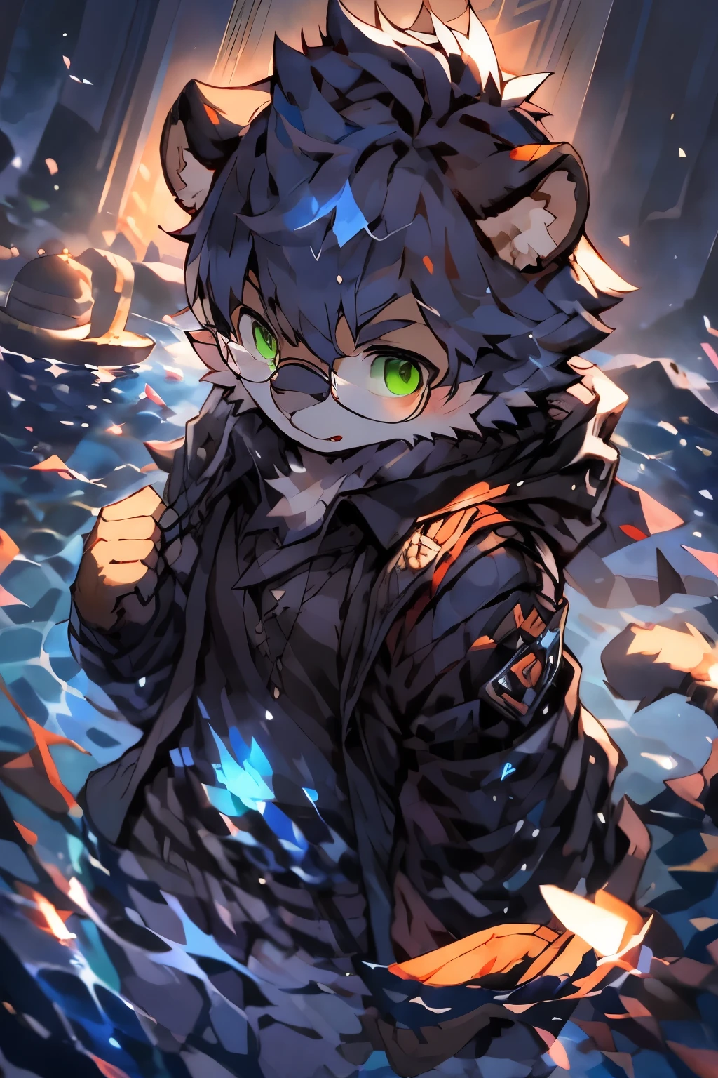 Solo, kemono, an orange fur tiger, look at camera, wearing a white sweater with a blue impressionist oil painting pattern on his clothes, wearing a black cloak jacket, black-rimmed glasses, green eyes, and a brown octagonal newsboy hat. He is a detective by profession. There are still some water elements of occultism around him.