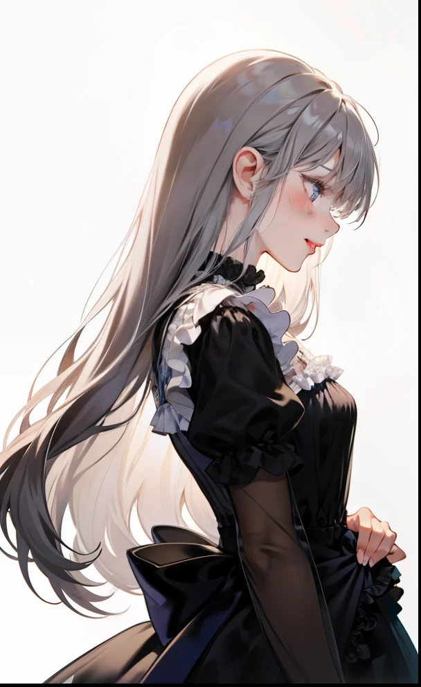 girl、white background、no background、gray hair、long hair、long hair、Contrasting bangs、black dress、Black see-through clothes、frills、profile、looking sideways、blush、smile、cute、no background