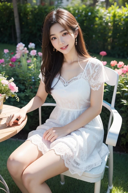 Ulsan-6500-V1.1、Extremely detailed、High definition、Raw color photo、wide shot、1 young woman、Kpop Girl、high detail skin、soft light from above、vivid colors、shiny white skin、wonderful face and eyes、Light makeup、Smile、lace dress、long legs、flower garden、Pose of sitting on a chair and looking upwards、