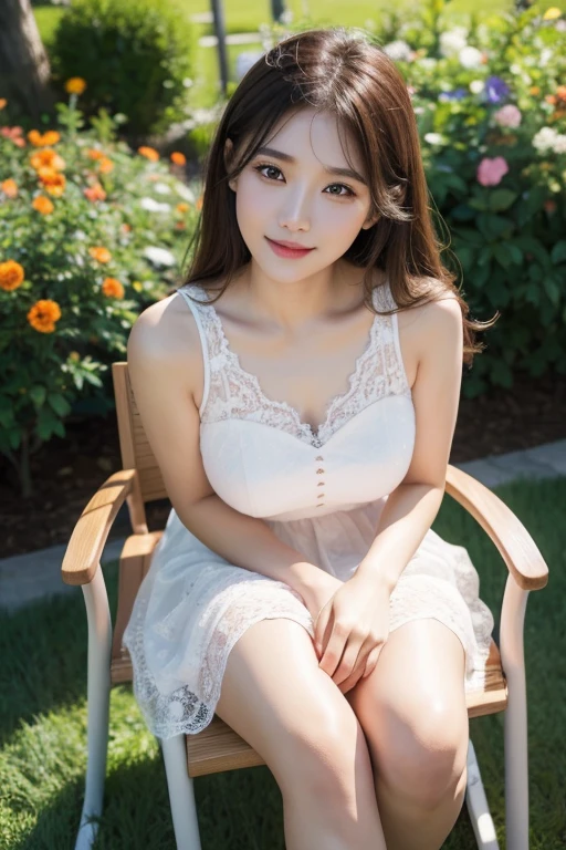 Ulsan-6500-V1.1、Extremely detailed、High definition、Raw color photo、wide shot、1 young woman、Kpop Girl、high detail skin、soft light from above、vivid colors、shiny white skin、wonderful face and eyes、Light makeup、Smile、lace dress、long legs、flower garden、Pose of sitting on a chair and looking upwards、