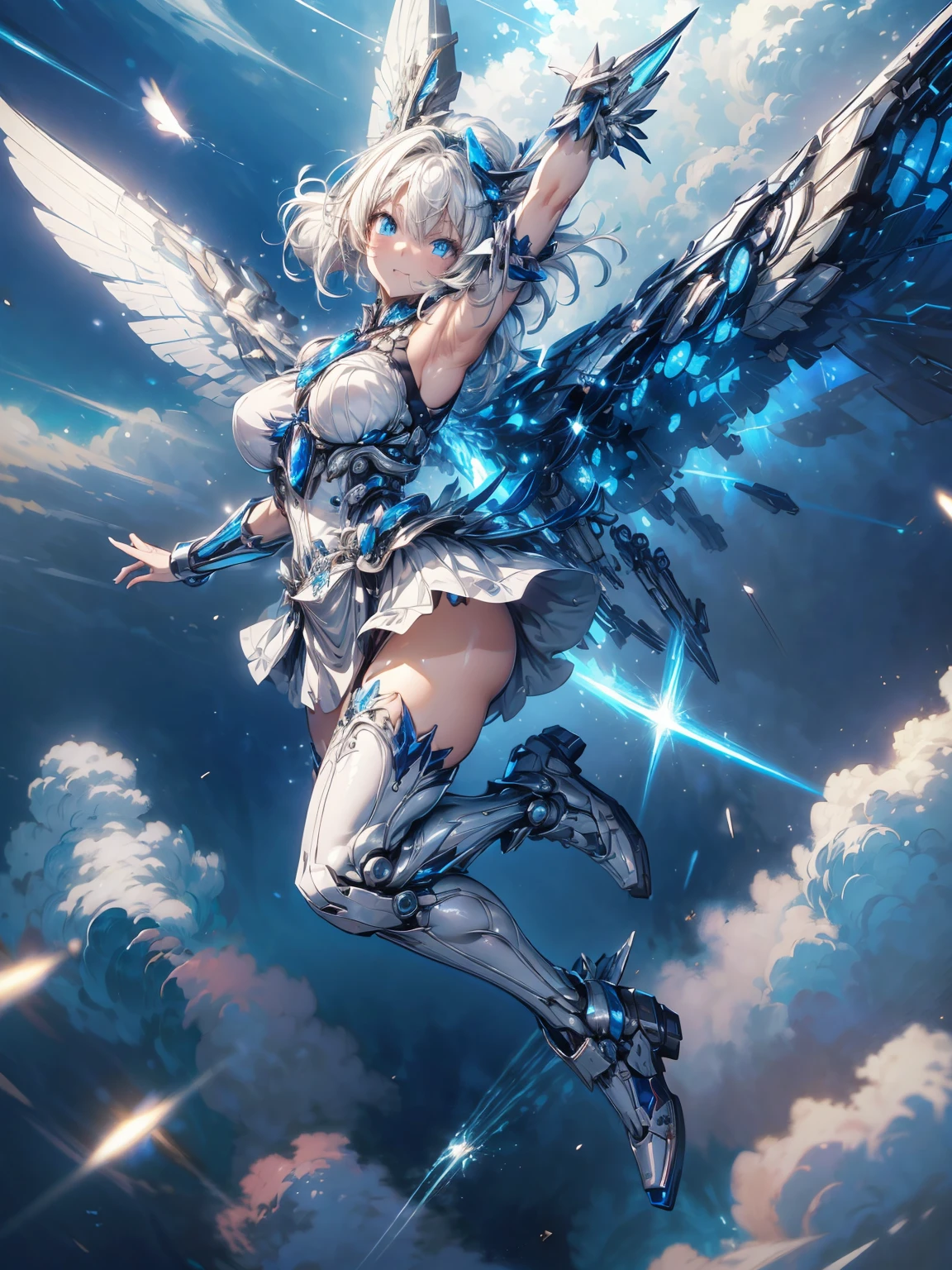 (masterpiece、highest quality, wonderful, very detailedティッカーユニティ、8k wallpaper, Depth of written boundary, Ultra-fine illustration:1.5)、。.。.。.。.3D, very detailed, (Full body Esbian、Mecha elf girl:1.3), sci-fi battlefield, Hawken, smile, open your mouth、short ponytail hair, (white blonde hair, deep blue eyes:1.2), sparkling eyes, cute顔, cute, big breasts, delicate hair, messy hair, (((Flying high in the sky))、blue sky, White cloud), shiny hair, shiny skin, (Symmetrical mechanical winetallic colored mechanical wings that are widely expanded to the left and right so that they protrude wonderfully from the screen, bite, white hair ornament), (particles of light, cinematic lighting: 1.3), (pale pink lips: 0.8), by Yusuke Murata.
