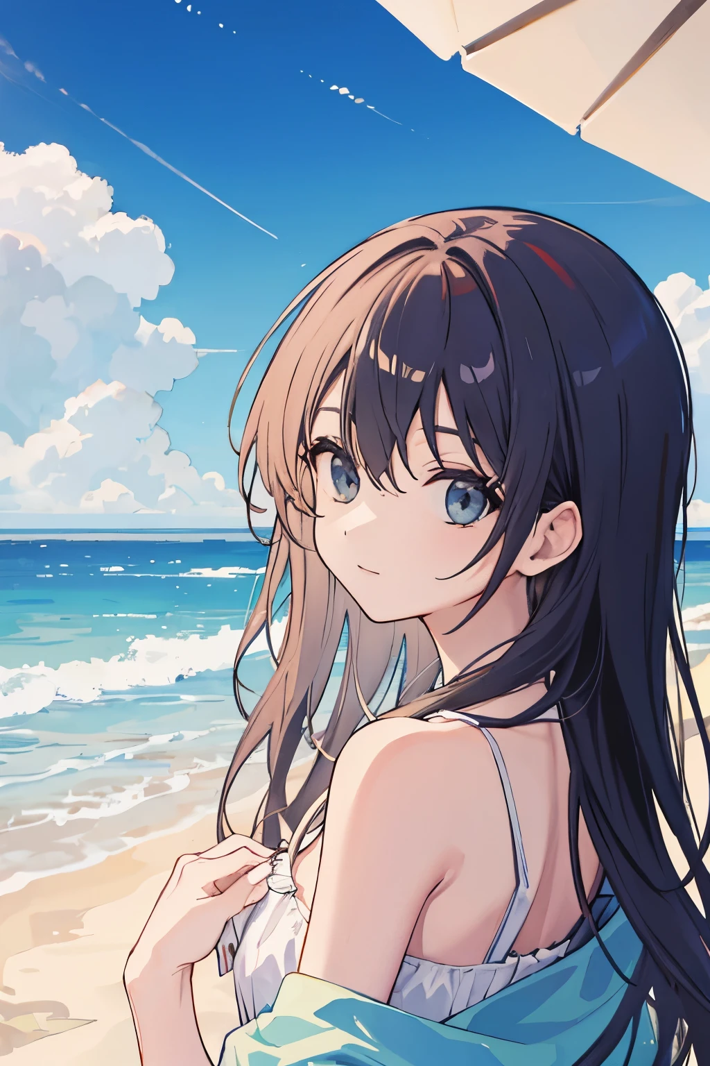 summer coastline background, beach portrait only, low shot, long coast, detailed clouds