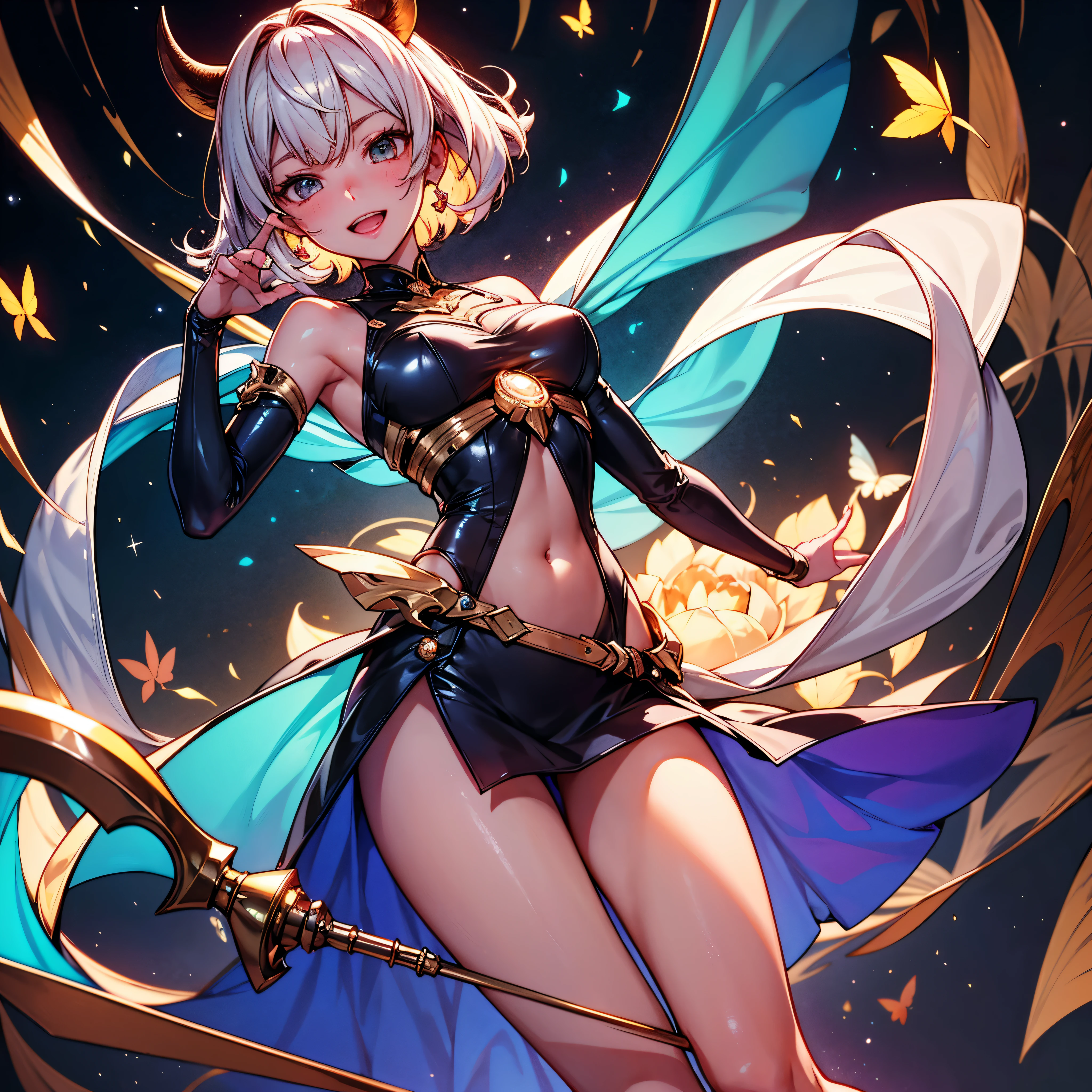 (Obra maestra:1.2), (La mejor calidad:1.2), Perfect lighting, Chica Maga Oscura lanzando un hechizo, flotando en el aire, tetas grandes, escote, desde arriba, Destellos de magia. Luces artificiales. Pose sejustiva y sexy