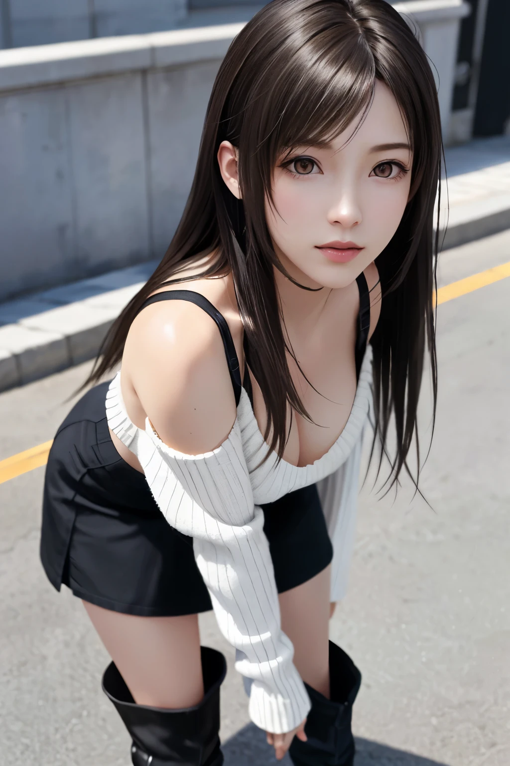 (top quality, masutepiece: 1.1), (Realistic: 1.3), (photoRealistic: 1.3), BREAK (((FF7,Tifa_lockhart))),(solo,Tifa:1.2),(loose knit dress:1.3,oversized sweater:1.3,long sleeve:1.2),((short pants)),(tight very long boots:1.2),(university background:1.1,outdoor),(model pose:1.1),Ultra-detailed face, Detailed eyes,Red eyes, BREAK (((FF7,Tifa_lockhart))),(black brown hair, Large breasts: 1.2), BREAK (no bra),(Small and beautiful hard nipple) , About 18 years old,kawaii,(face focus:1.1,face close up:1.1),sensual,zettai_ryouiki:1.1,looking at viewer,cowboy shot