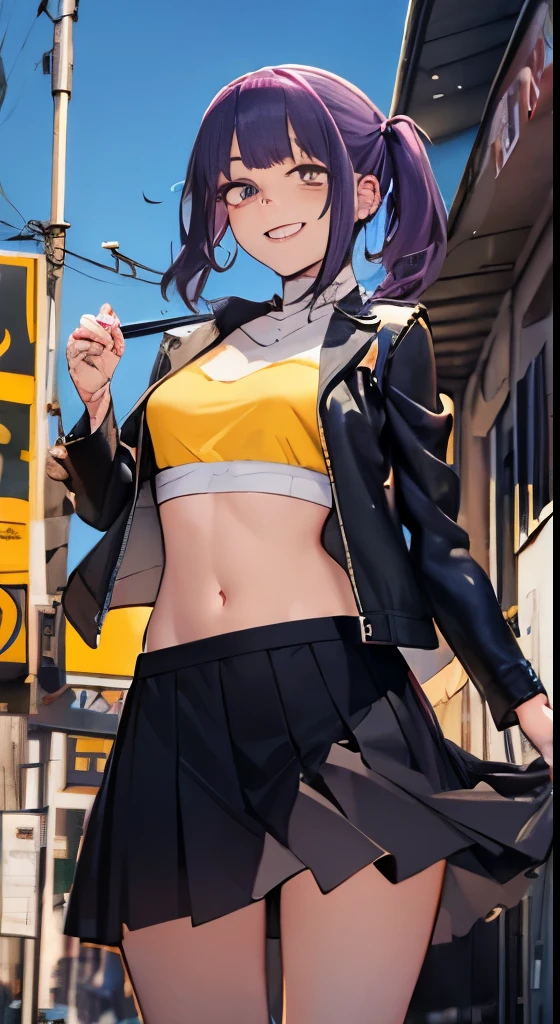 young ebony girl, black skin, purple long hair, high ponytail, yellow eyes, White leather jacket, skirt, open belly, side boob, smile, masterpiece, high quality、Game Center、heavy makeup