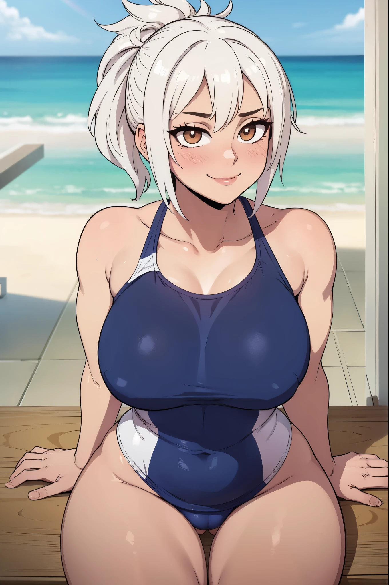 masterpiece, best quality, ultra-detailed, illustration, colorful, flat color, depth of field, lens flare, 1girl, riven, anime, sitting, white hair, folded ponytail, brown eyes, looking at viewer, school, classroom, school swimsuit, one piece swimsuit, detailed skin texture, detailed cloth texture, beautiful detailed face, large breasts, blush, seductive smile, muscular female