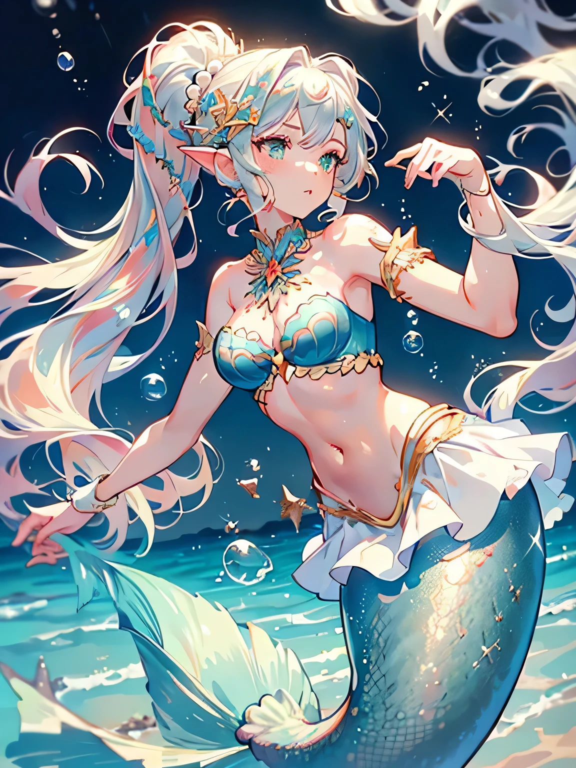 18 year old mermaid girl，The upper body is human，The lower body is a fishtail，high ponytail,blond，Hair accessories made of starfish and pearls，green eyes，Bat-like ears，She wears a white upper body swimsuit and a red miniskirt，The fish tail is blue，high quality，textured skin，Visible all over the body