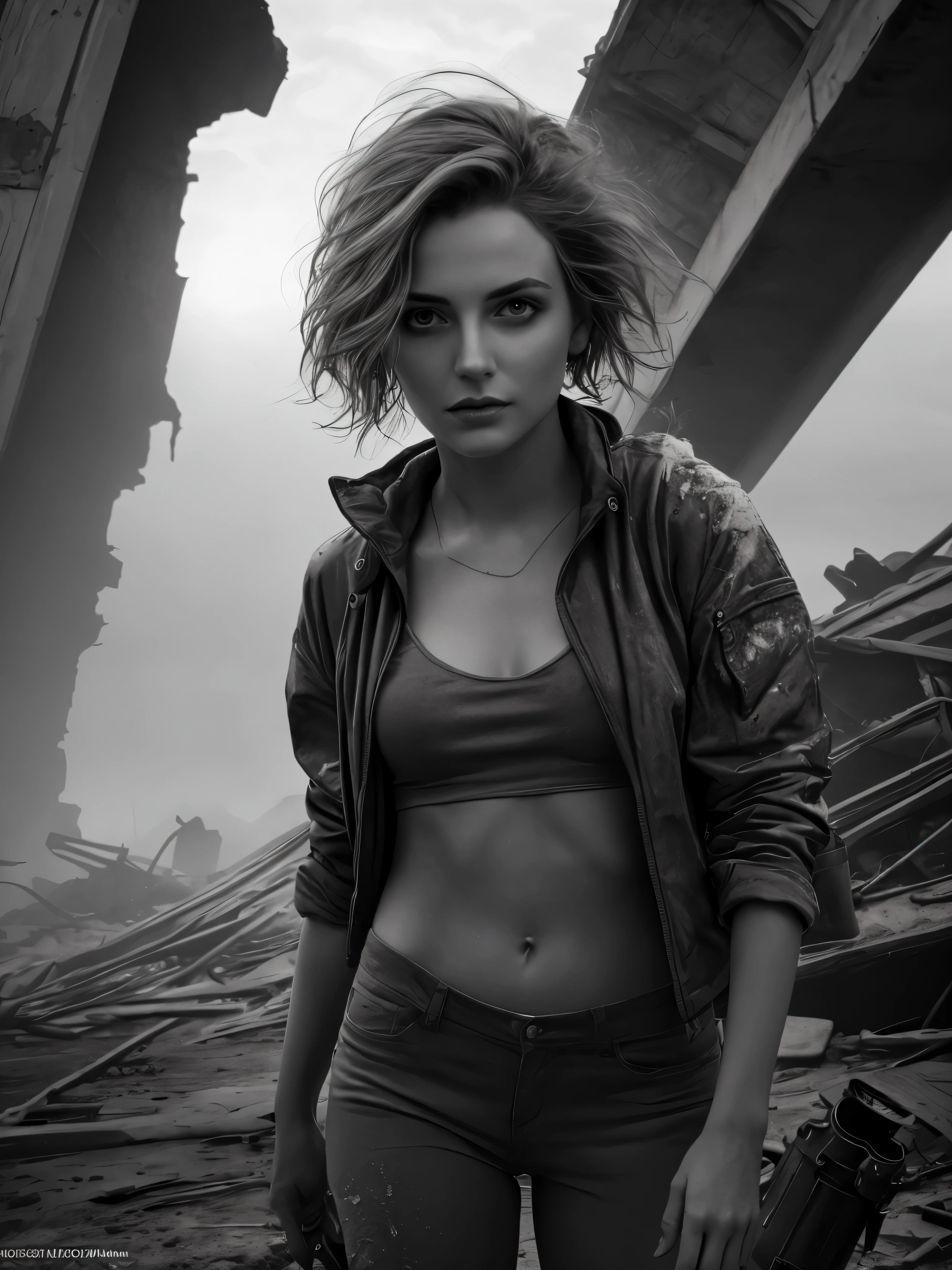 photorealistic, Masterpiece photo in shades of gray, woman with disheveled hair and tiny post-apocalyptic clothes, cute sexy, (Detailed wasteland background), ultra sharp focus, Detailed face, (((posing))), random hair color, short hair, Beautiful eyes, whole body, high quality black and white image