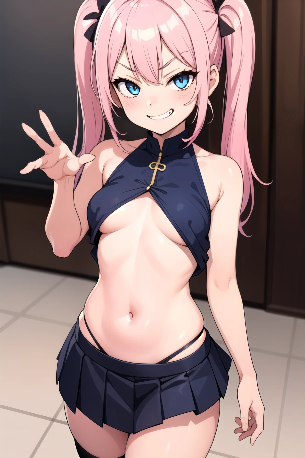 1girl, pink hair,twintails,blue eyes, crop top, microskirt,no panties, lowleg skirt, exhibitionism, loli, oppai loli, smirk,