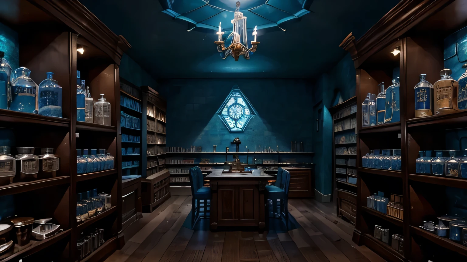 there is a room with a blue ceiling and a blue ceiling, magic laboratory setting, fantasy alchemist laboratory, alchemist library background, in a potion shoppe, fantasy potion vendor interior, inside an old magical shop, fantasy vendor interior, magic lab background, fantasy bakery interior setting, wizards laboratory, a wizard's apothecary, located in a wizard's shop, magic shop