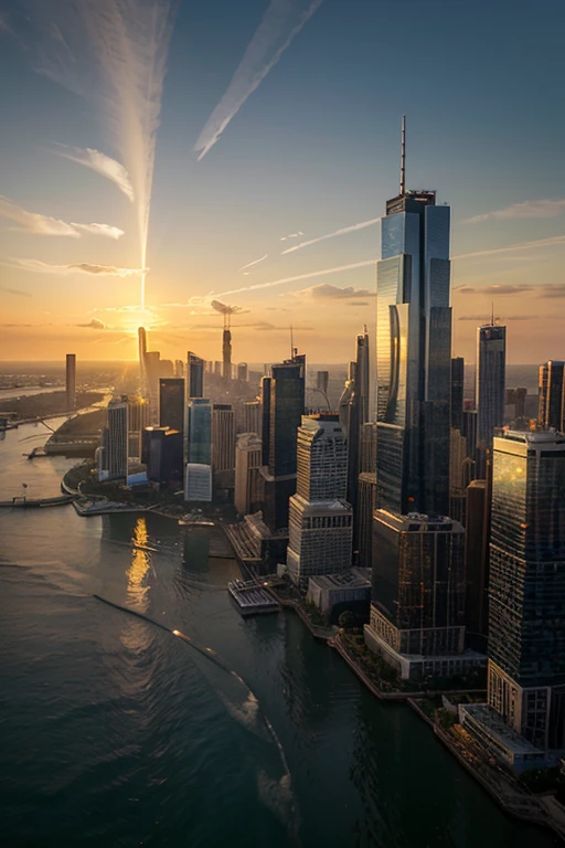 A city awakens to a new day, the sun's first rays breach the horizon, the towering skyscrapers in a warm, ethereal glow
