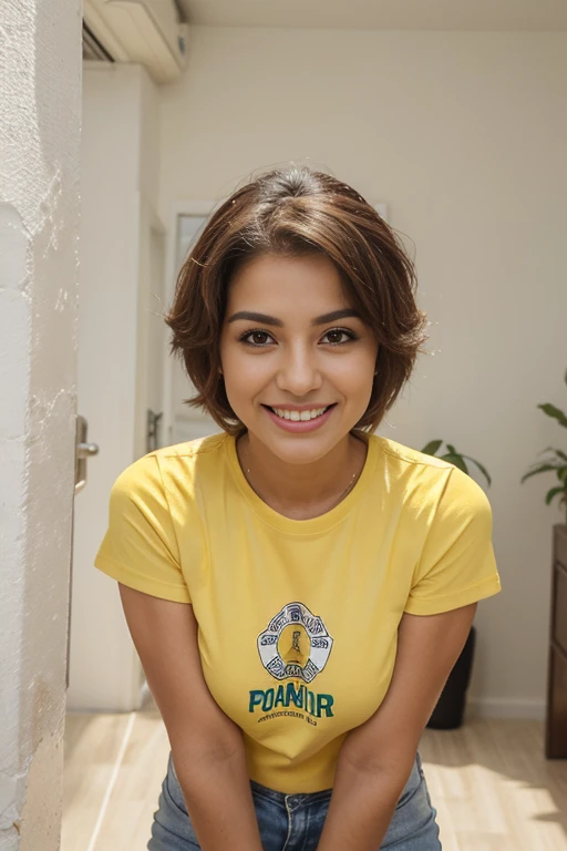 mulher brasileira, 30 anos, cabelos ondulados bonitos na altura dos ombros, Standing looking at the camera, Front position, image from head to knees, sorriso perfeito, perfect hands, camiseta amarela, studio photo with white background