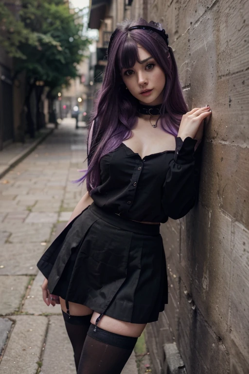 ((Best quality, 4k, Masterpiece)), fit, beautiful and realistic, egirl, fading purple dyed hair, hair has bangs, standing in an ally, one hand against the wall, head tilter away, fully dressed in goth clothing including large black skirt and black stockings