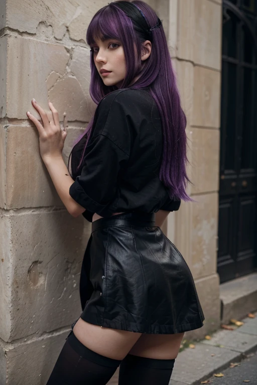 ((Best quality, 4k, Masterpiece)), fit, beautiful and realistic, egirl, fading purple dyed hair, hair has bangs, standing in an ally, one hand against the wall, head tilter away, fully dressed in goth clothing including large black skirt and black stockings