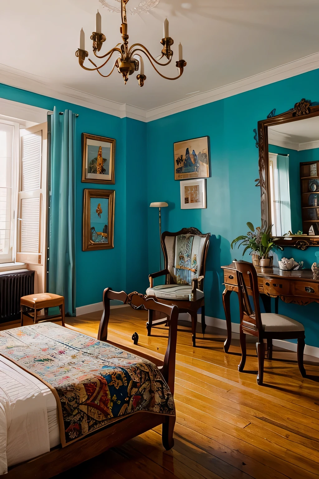 there is a room with a lot of furniture and a blue wall, trending on pinterest,maximalist, perfect maximalistic composition, old home decor, messy maximalist interior, maximalist, colonial style, furniture and decor, maximalism, hypermaximalist, hyper maximalist, hyper - maximalist, hyper-maximalist, well - decorated, maximalism. stunning