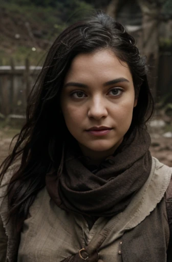A woman with raven black hair, green eyes and covered in dirt, wearing rags, escaped from a dungeon and now wonders in a grey wasteland with other people also in rags. Sunken eyes, Lord of the Rings, Tolkien, Hillmen, Dunlending
