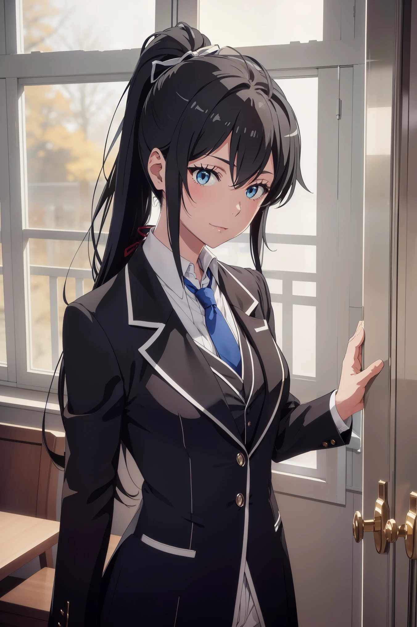 ((best quality)), ((masterpiece)), (detailed) 1girl 1girl, ;\), blurry, blurry_background, breasts, , hair_ponytail ribbon, looking_at_viewer, ok_sign, one_eye_closed, open_hand, Yukinoshita Yukino ,Woman wearing formal clothes, An attractive coat stands in a large gap in the room , 1girl, 独奏, blue necktie, Black hair, eyes blue, long hair, smile , collared shirt, white pants, white shirt , Elegantly designed coat , Stand in front of a window ,Perfectly tailored tailcoat. It has a stunning Victorian design and is made of lustrous fabric