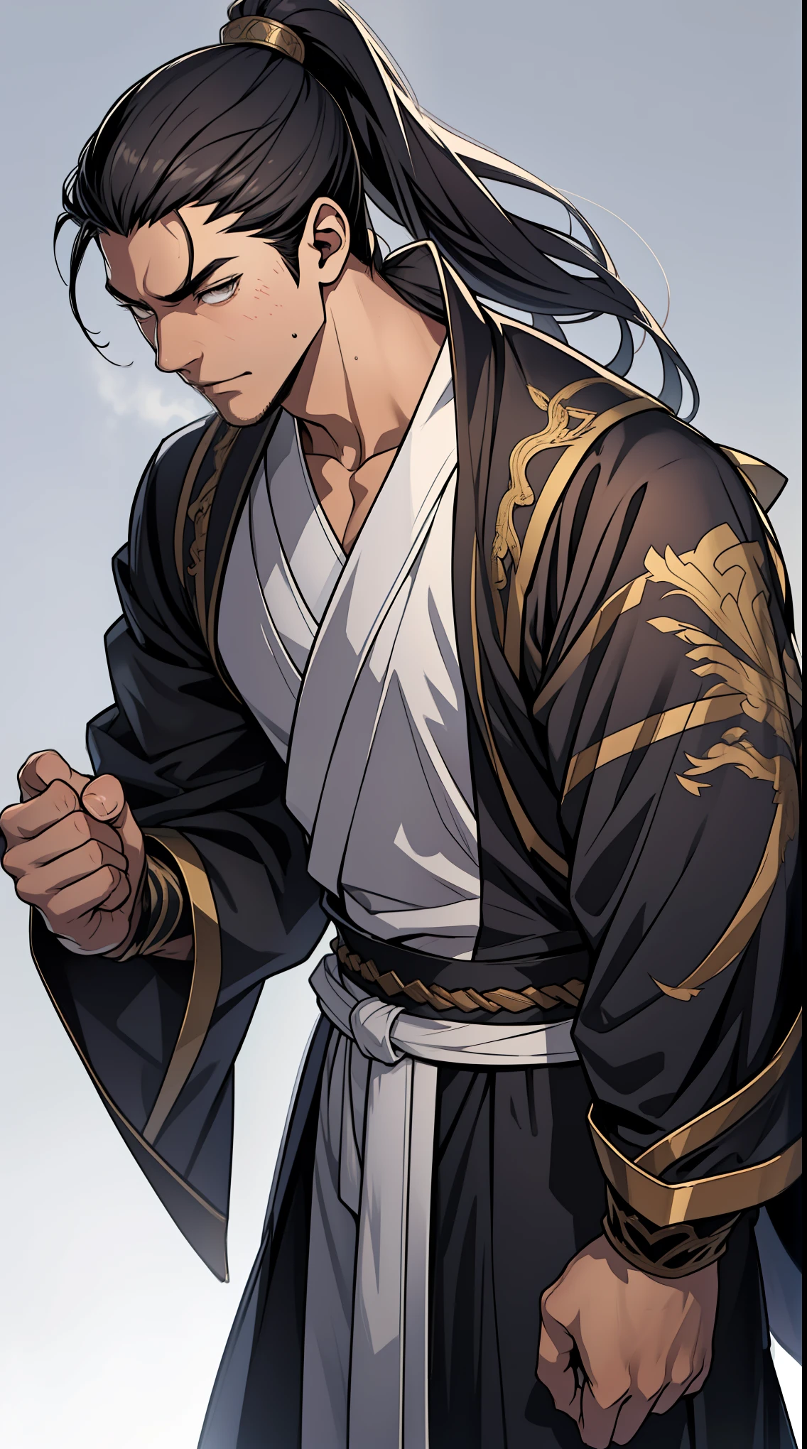 Two dimensions,anime style,one person(Male Warrior),proportions are correct,facial details,swordsman,high ponytail hairstyle,neck detail,Have an Adam's apple,Black period costume,joke,black toga,clothing details,long sleeves,Game quality,Ray tracing,Ray tracing,Detailed glow,CG rendering,hair details,long white hair,black eyes,Handsome,Handsome,(Youthful feeling),The costume is very simple,Perfect composition,refine,high quality,higher details,many details,Complex background,a sense of atmosphere,