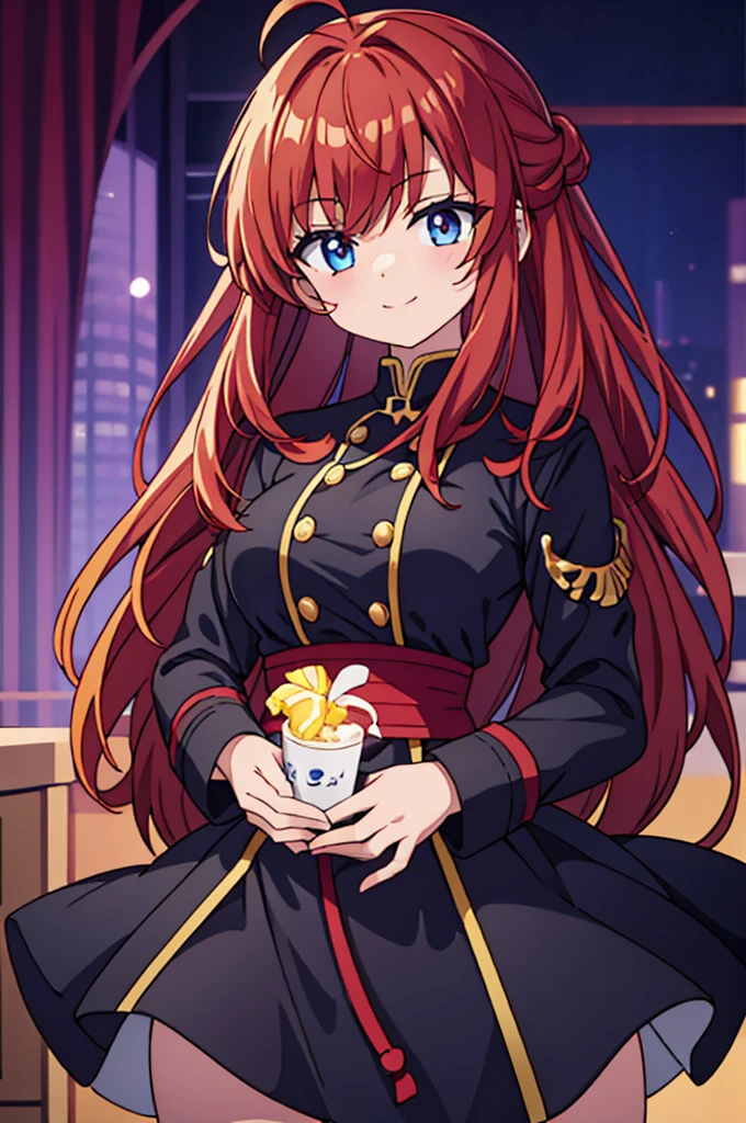 redhead、Fiery beautiful uniform、beautiful limbs、Girl with thick thighs、shot from below、high angle、condescending smile、dark eyes、Big Eyed Girl、Black eyes、red circle around the pupil