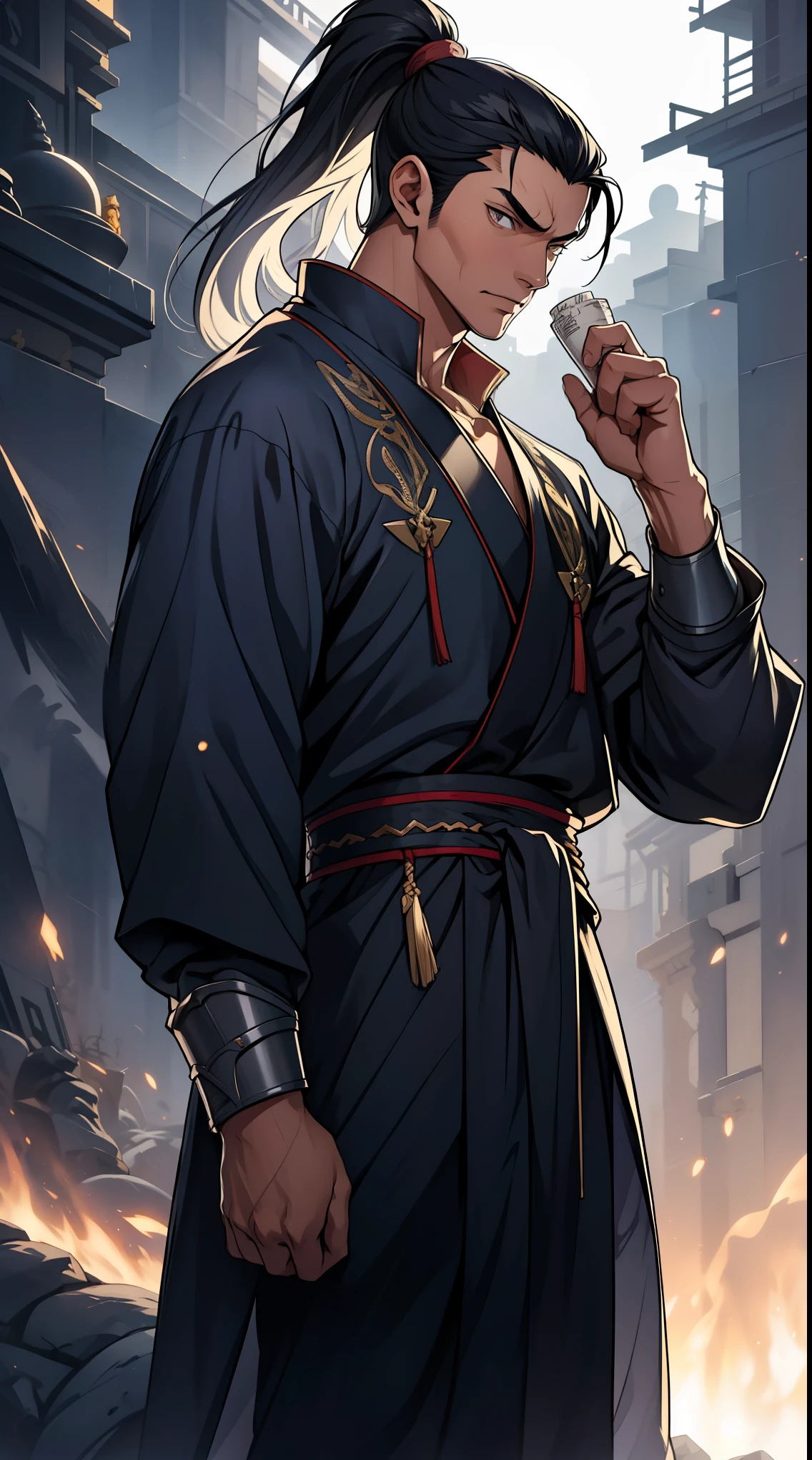 Two dimensions,anime style,one person(Male Warrior),proportions are correct,facial details,swordsman,high ponytail hairstyle,neck detail,Have an Adam's apple,Black period costume,joke,black toga,clothing details,long sleeves,Game quality,Ray tracing,Ray tracing,Detailed glow,CG rendering,hair details,long white hair,black eyes,Handsome,Handsome,(Youthful feeling),The costume is very simple,Perfect composition,refine,high quality,higher details,many details,Complex background,a sense of atmosphere,