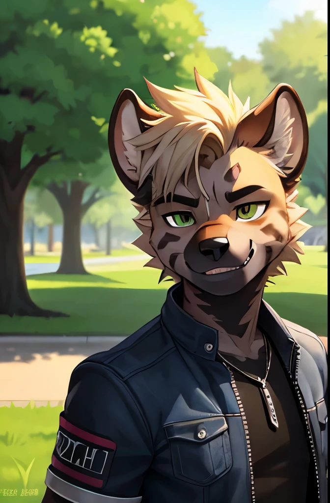 furry, solo, best quality, masterpiece, HDR, male hyena, in a park, teen, punk, smirk on his face
