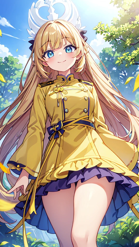 Yellow hairs、Beautiful flowing uniform、beautiful limbs、Girl with thick thighs、shot from below、high angle、condescending smile、Eyes of Light、Big Eyed Girl、紫の瞳、瞳孔が開いている女の子