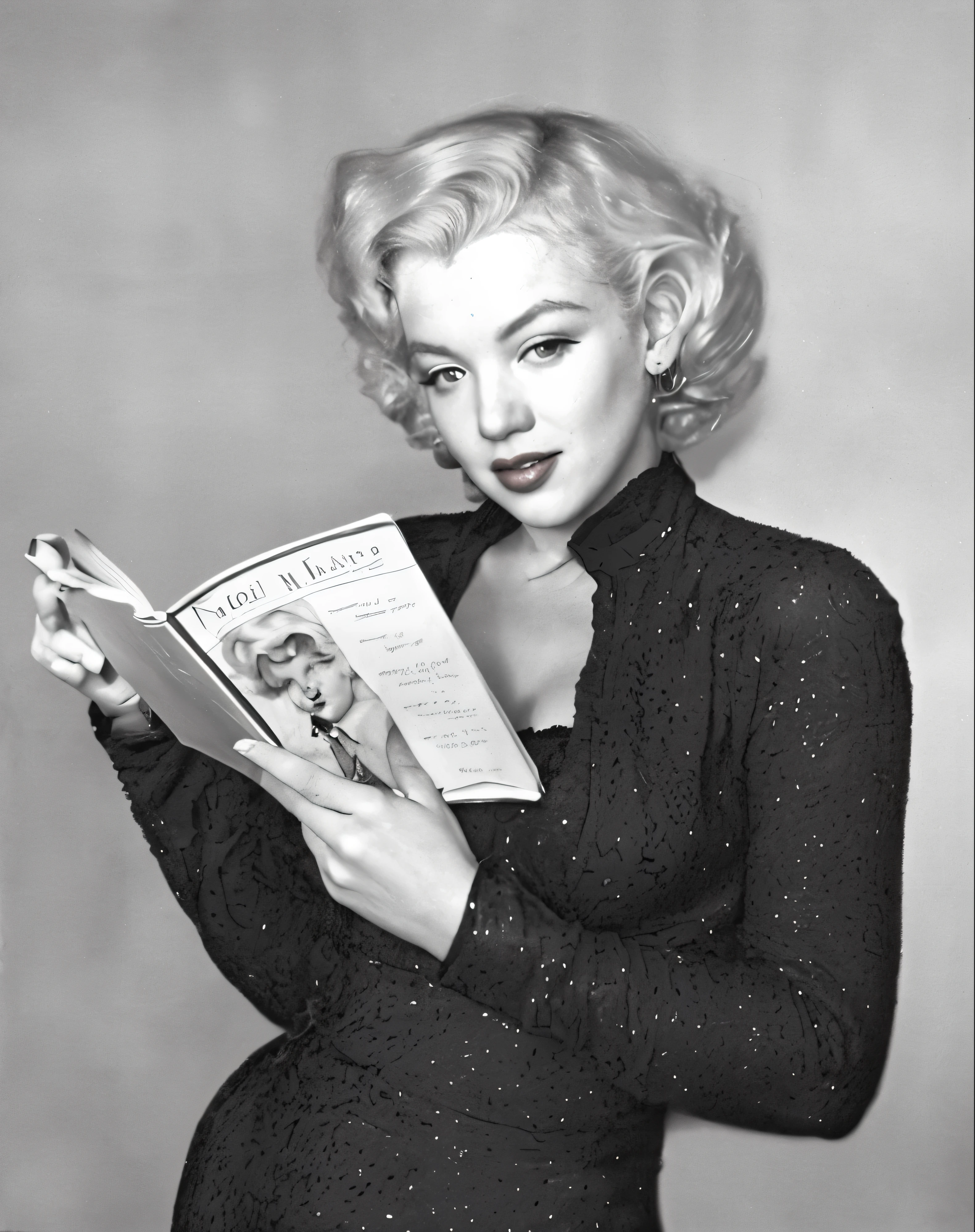 A white woman, who looks a bit like Marilyn Monroe, holds a book in her hands