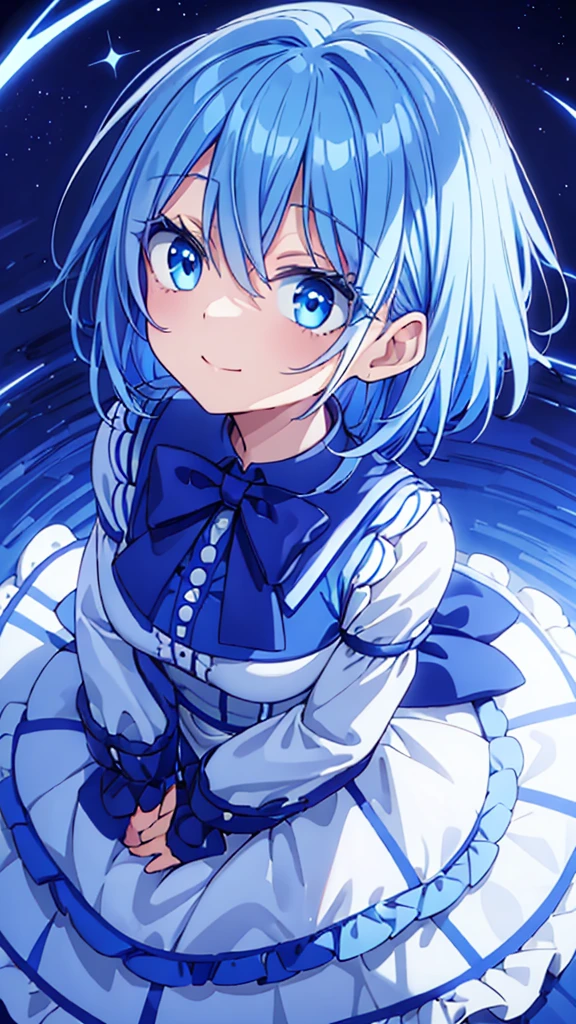 blue hair、beautiful blue uniform、beautiful limbs、slender girl、Looking Up at the Sky、high angle、condescending smile、eyes of darkness、Big Eyed Girl、ターコイズの瞳