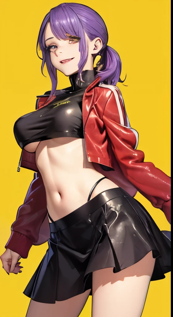 young ebony girl, black skin, purple hair, high ponytail, yellow eyes, White leather jacket, skirt, open belly, big breasts、underboob, smile, masterpiece, high quality、((dim game center))、heavy makeup、Shiny light pink strong lipstick、detailed background